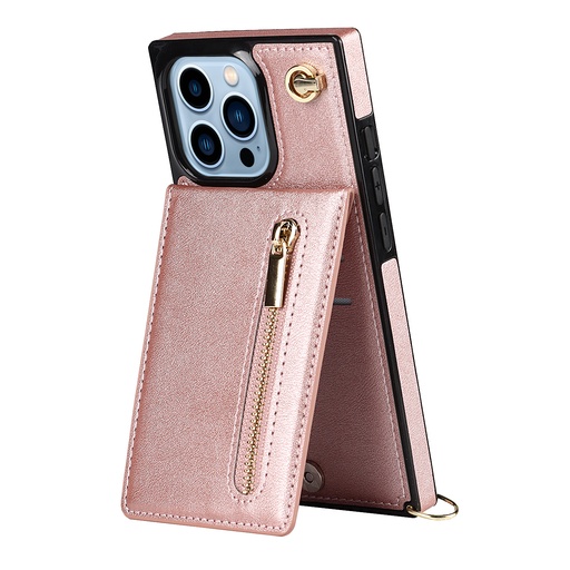 [CS-I14P-ZCS-ROGO] Zipper Card Stand Case with Cross Body Strap for iPhone 14 Pro - Rose Gold