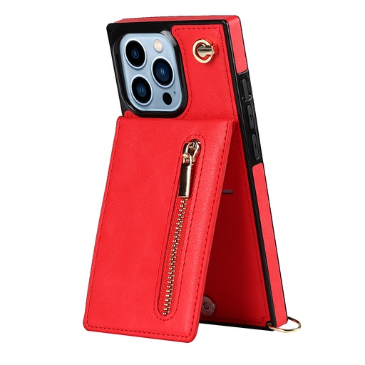 [CS-I14P-ZCS-RD] Zipper Card Stand Case with Cross Body Strap for iPhone 14 Pro - Red