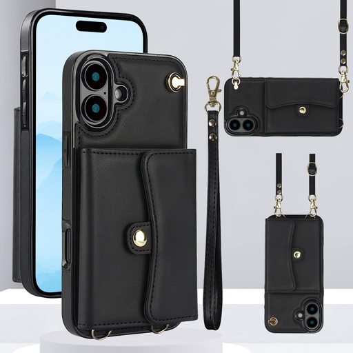 [CS-I16M-8CC-BK] 8 Card Case with Cross Body Strap for iPhone 16 Plus - Black