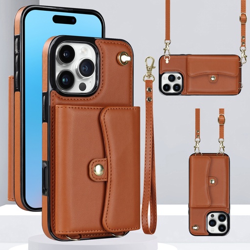 [CS-I16P-8CC-BR] 8 Card Case with Cross Body Strap for iPhone 16 Pro - Brown