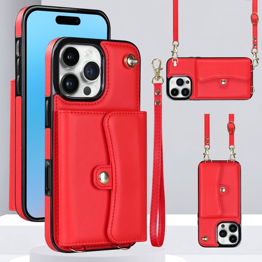 [CS-I16PM-8CC-RD] 8 Card Case with Cross Body Strap for iPhone 16 Pro Max - Red
