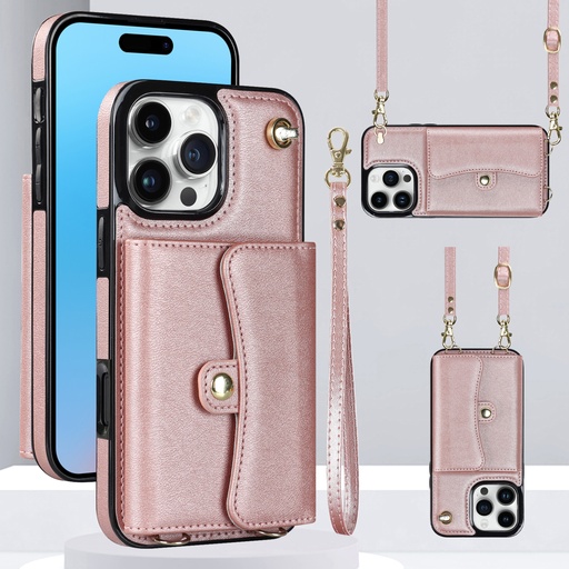 [CS-I16PM-8CC-ROGO] 8 Card Case with Cross Body Strap for iPhone 16 Pro Max - Rose Gold
