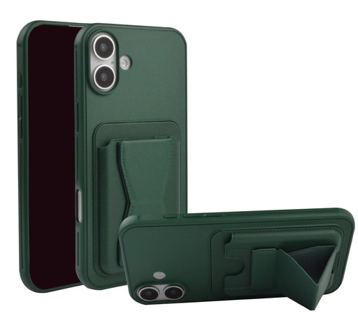 [CS-I16M-LCS-DGR] Magnetic Leather  Card Case with Stand for iPhone 16 Plus - Dark Green