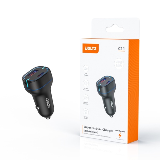[JH-C11-UC-BK] iJOLTZ - PD 20W+QC 3.0 LED LIGHT DUAL PORT FAST CAR CHARGER TYPE-C (BLACK)