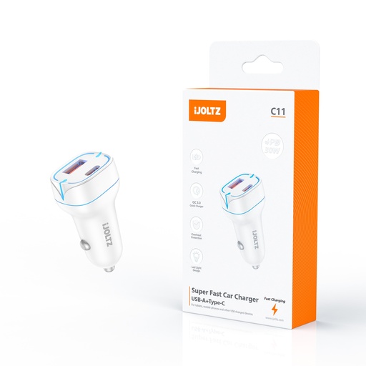 [JH-C11-UC-WH] iJOLTZ - PD 20W+QC 3.0 LED LIGHT DUAL PORT FAST CAR CHARGER TYPE-C (WHITE)