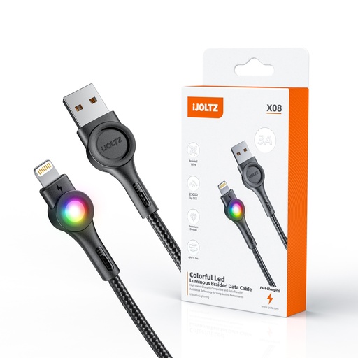 [JC-X08-UL-BK] iJOLTZ - COLORFUL STREAMER LIGHT CHANGING DATA CABLE (IPHONE) 4 FT