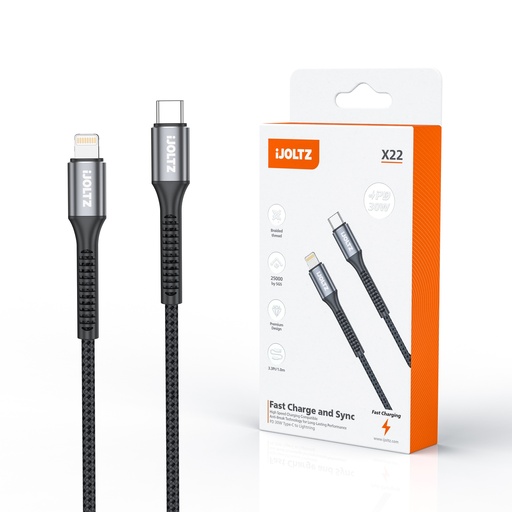 [JC-X22-3.3CL-BK] iJOLTZ - ALUMINUM ALLOY FAST CHARGING LINE (C-L) 3.3 FT