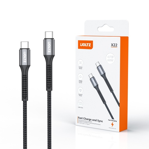 [JC-X22-3.3CC-BK] iJOLTZ - ALUMINUM ALLOY FAST CHARGING LINE (C-C) 3.3 FT
