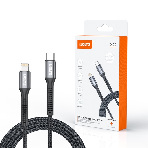 [JC-X22-6.6CL-BK] iJOLTZ - ALUMINUM ALLOY FAST CHARGING LINE (C-L) 6.6 FT