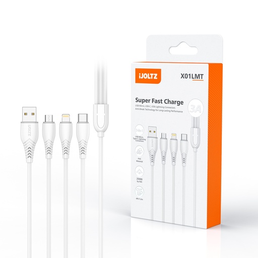 [JC-X01-U8LC-WH] iJOLTZ - 3 IN 1 FAST CHARGING CABLE (MICRO+IPHONE+TYPE C) 4 FT