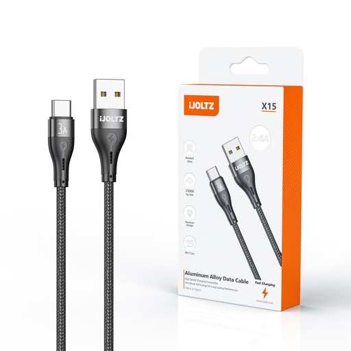 [JC-X15-UC-BK] iJOLTZ -  ALUMINUM ALLOY FAST CHARGE DATA CABLE (TYPE-C) 4 FT