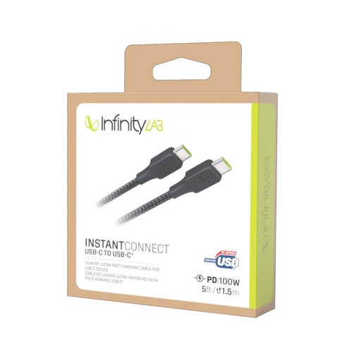 [ACE-INL-C2C-5F-BK] InfinityLab instantConnect Type-C to Type-C - 100W PD Ultra-Fast Charging Cable (5 ft) for Type-C Devices - Black 