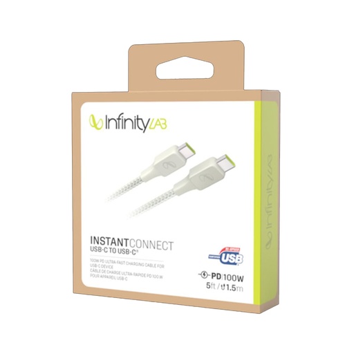 [ACE-INL-C2C-5F-WH] InfinityLab instantConnect Type-C to Type-C - 100W PD Ultra-Fast Charging Cable (5 ft) for Type-C Devices - White 