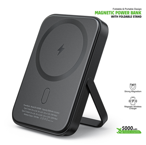 [ACE-EK-4005-BK] Esoulk 5000mAh Magnetic 15W Wireless Charger Power Bank With Foldable Stand