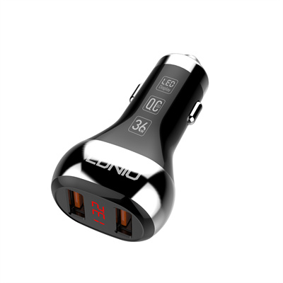 [ACE-LDN-C2-LH] LDNIO C2QC 3.0 Fast Car Charger LED Display with USB A to Lightning Charging Cable (3 ft) (36W)