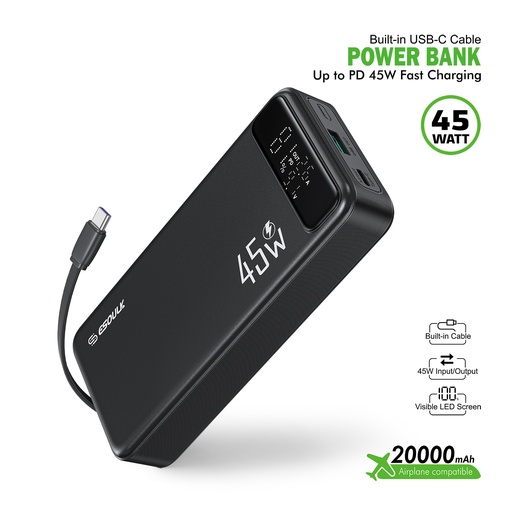 [ACE-EK-4006-BK] ESOULK 20000mAh PD 45W Built-in USB-C Cable Power Bank (6/24) Fast Charging