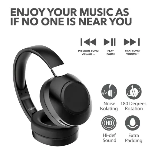 [EL-TT-WAVE54-BK] RCA Wave-54 Wireless Over-Ear Bluetooth Headphones, 12H Playtime, Hi-Res Audio - Black
