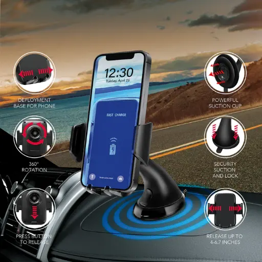 [EL-TT-CM-12] RCA CM-12 3-in-1 Wireless Car Charger & Phone Holder for Dashboard & Windshield